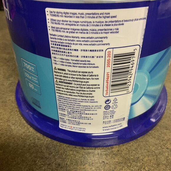 Verbatim CD-R Discs 700MB/80min 52x Spindle Silver 50/Pack 94691 - Picture 3 of 3